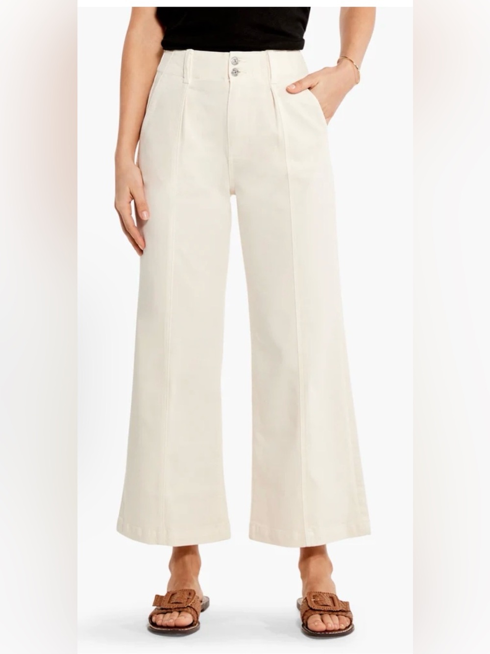 PAIGE High Rise Wide Leg Crop Pants Front Seam Stretch Ivory/Cream Size 26